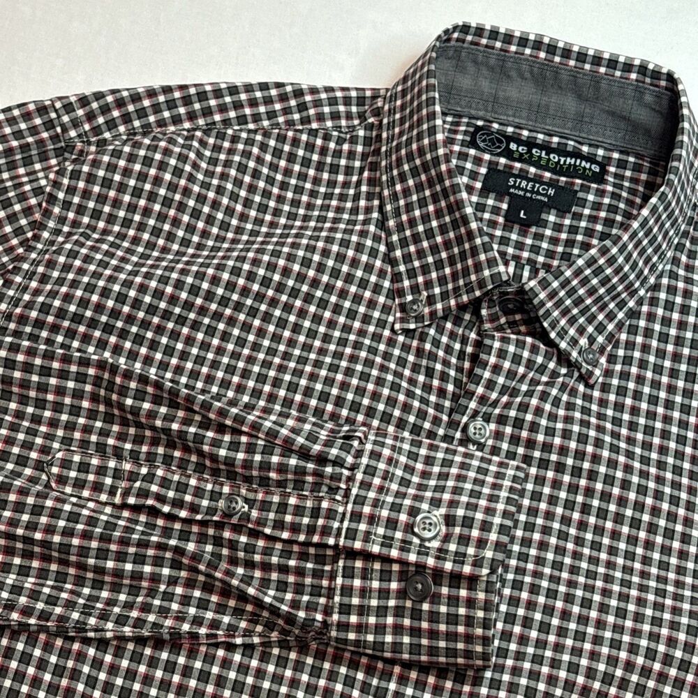 BC Clothing Expedition Stretch Red Brown Plaid Button Down Long Sleeve Men Large
